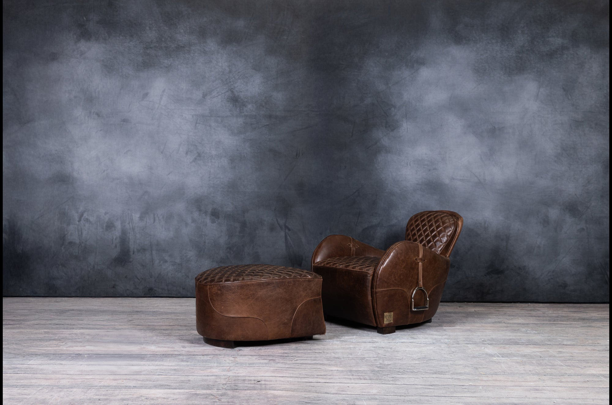 EQUESTRIAN LEATHER CHAIR AND OTTOMAN