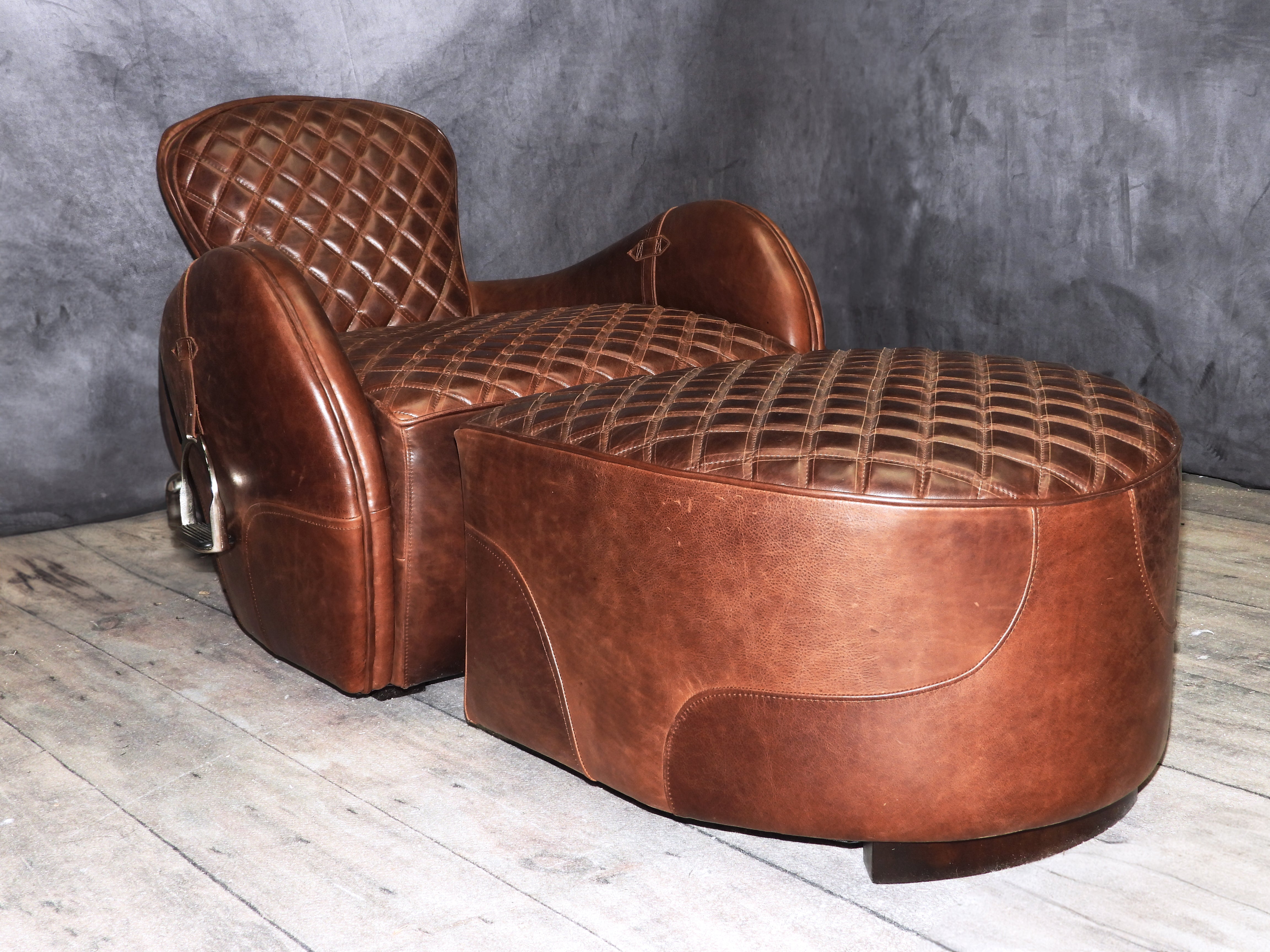 EQUESTRIAN LEATHER CHAIR AND OTTOMAN